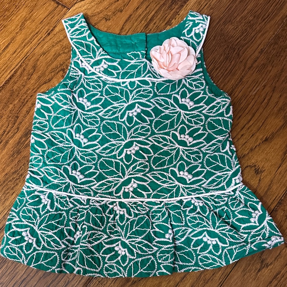 Green Floral Embroidered Kids Top with Pink Accent